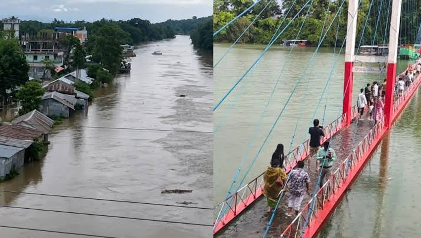 কাপ্তাই হ্রদের পানিতে ডুবেছে ঝুলন্ত সেতু, বাঘাইছড়ির নিম্নাঞ্চল প্লাবিত